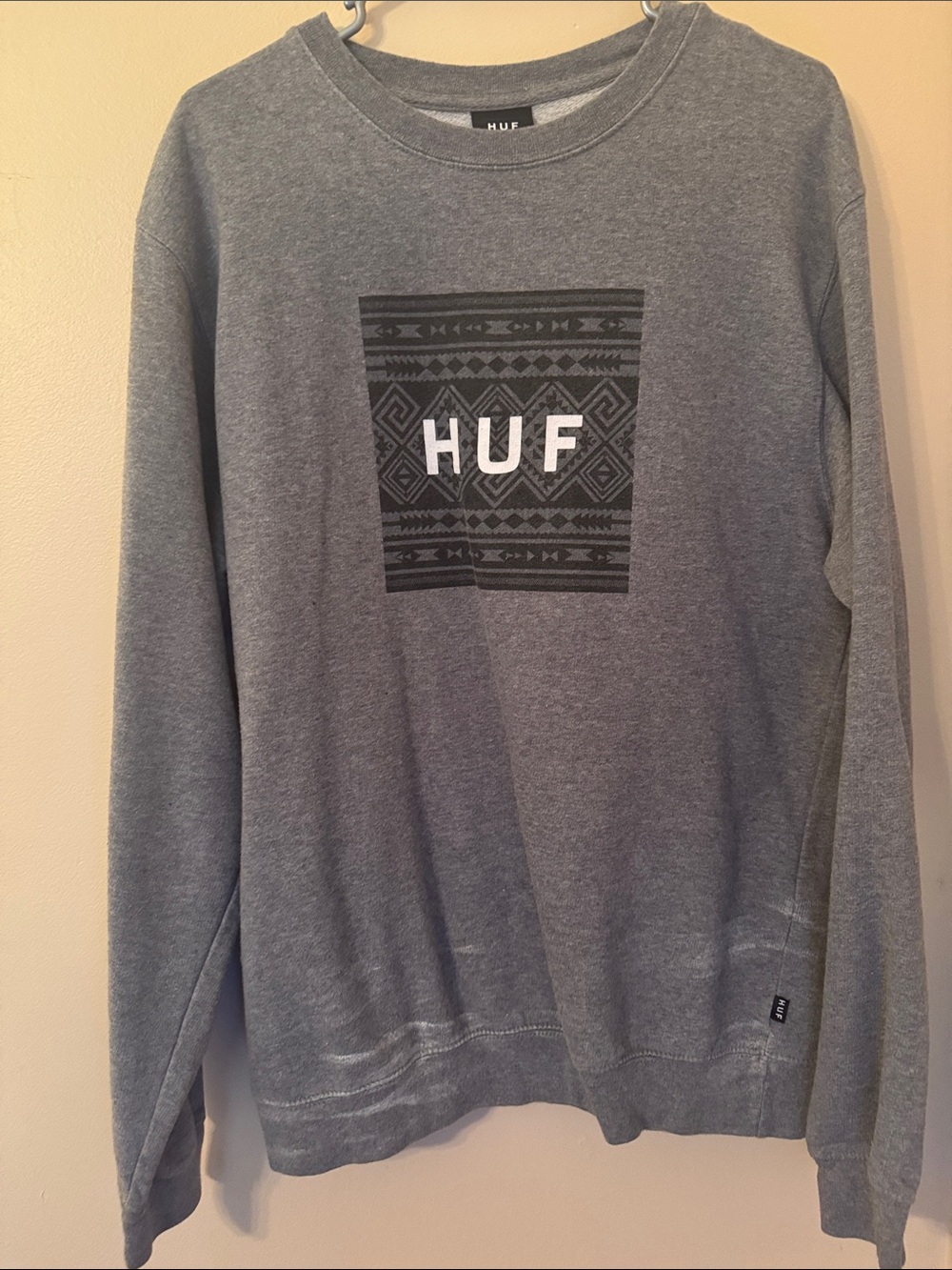 HUF Gray Crewneck with Patterned Square Logo